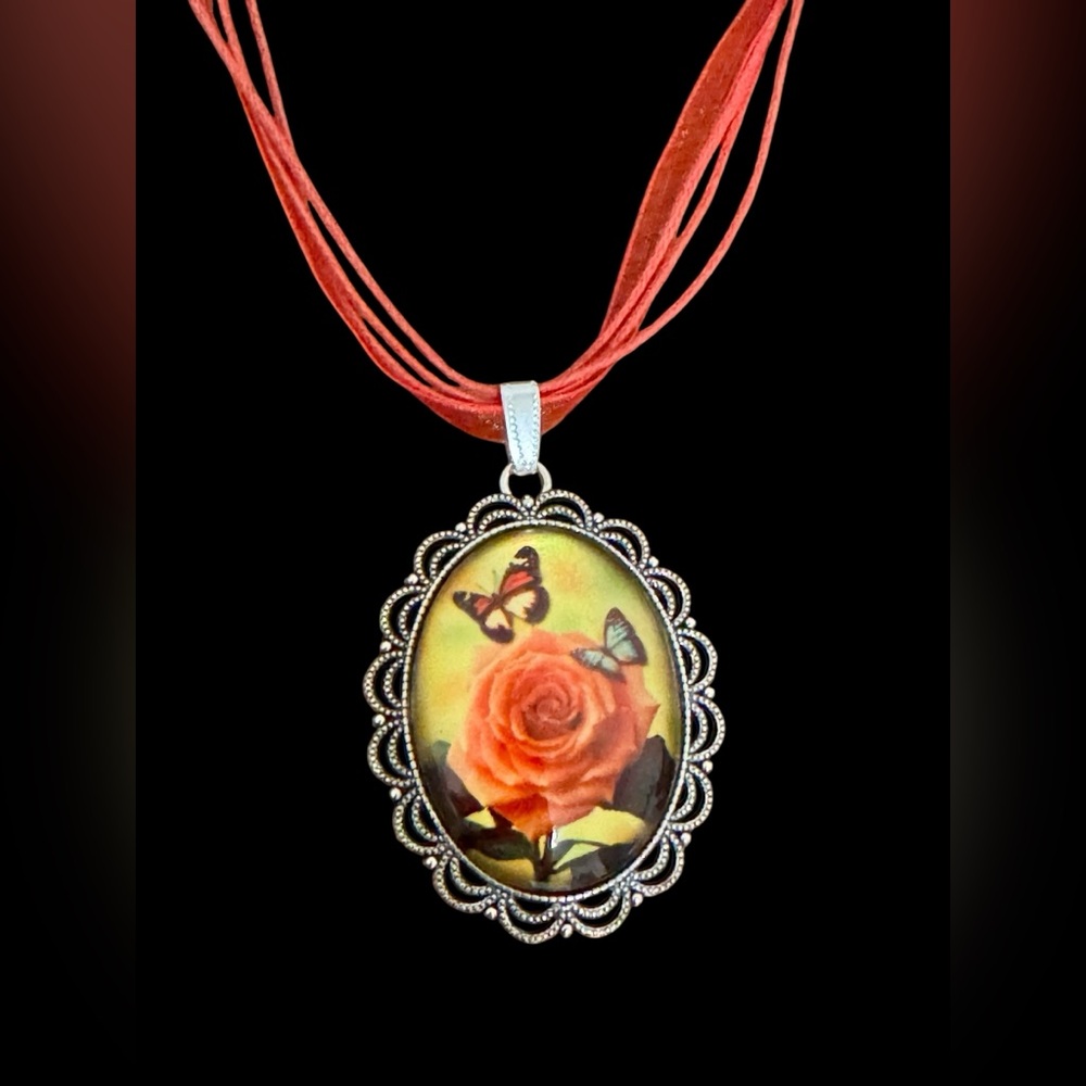 Rose and Butterflies Pendant Necklace